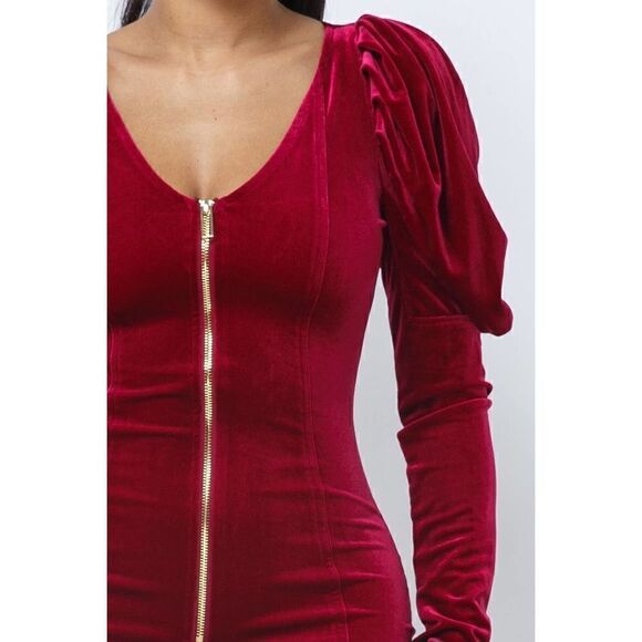Red Velvet Puff Sleeve V neck Winter Dress - Picture 6 of 6